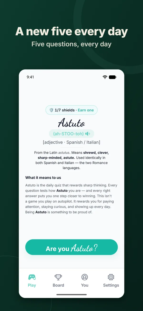 The Astuto app's home screen with today's five