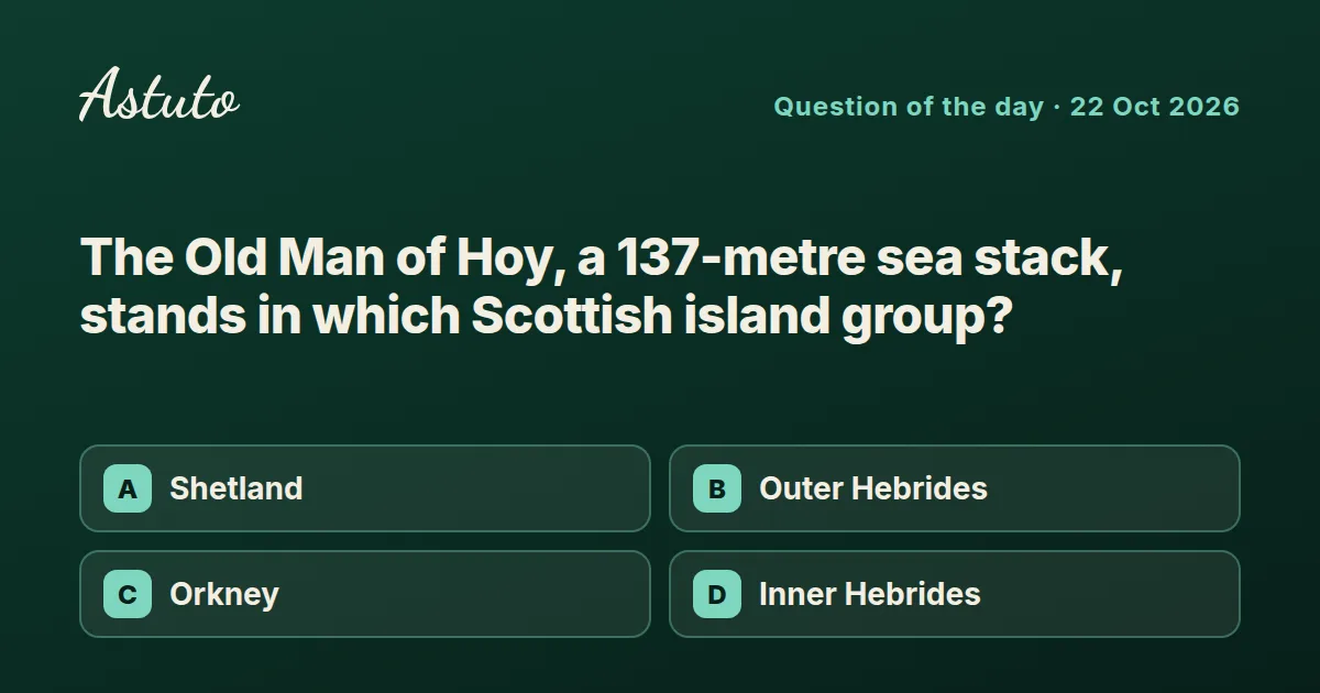 Astuto question card: The Old Man of Hoy, a 137-metre sea stack, stands in which Scottish island group? Options: Shetland, Outer Hebrides, Orkney, Inner Hebrides.