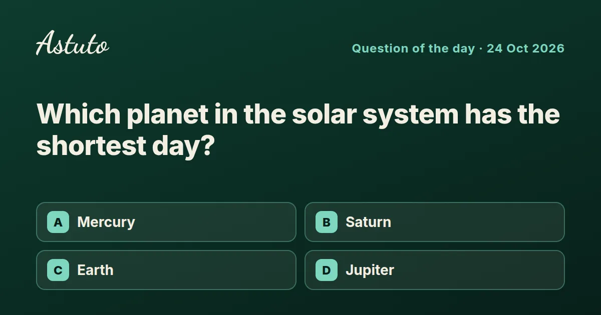 Astuto question card: Which planet in the solar system has the shortest day? Options: Mercury, Saturn, Earth, Jupiter.